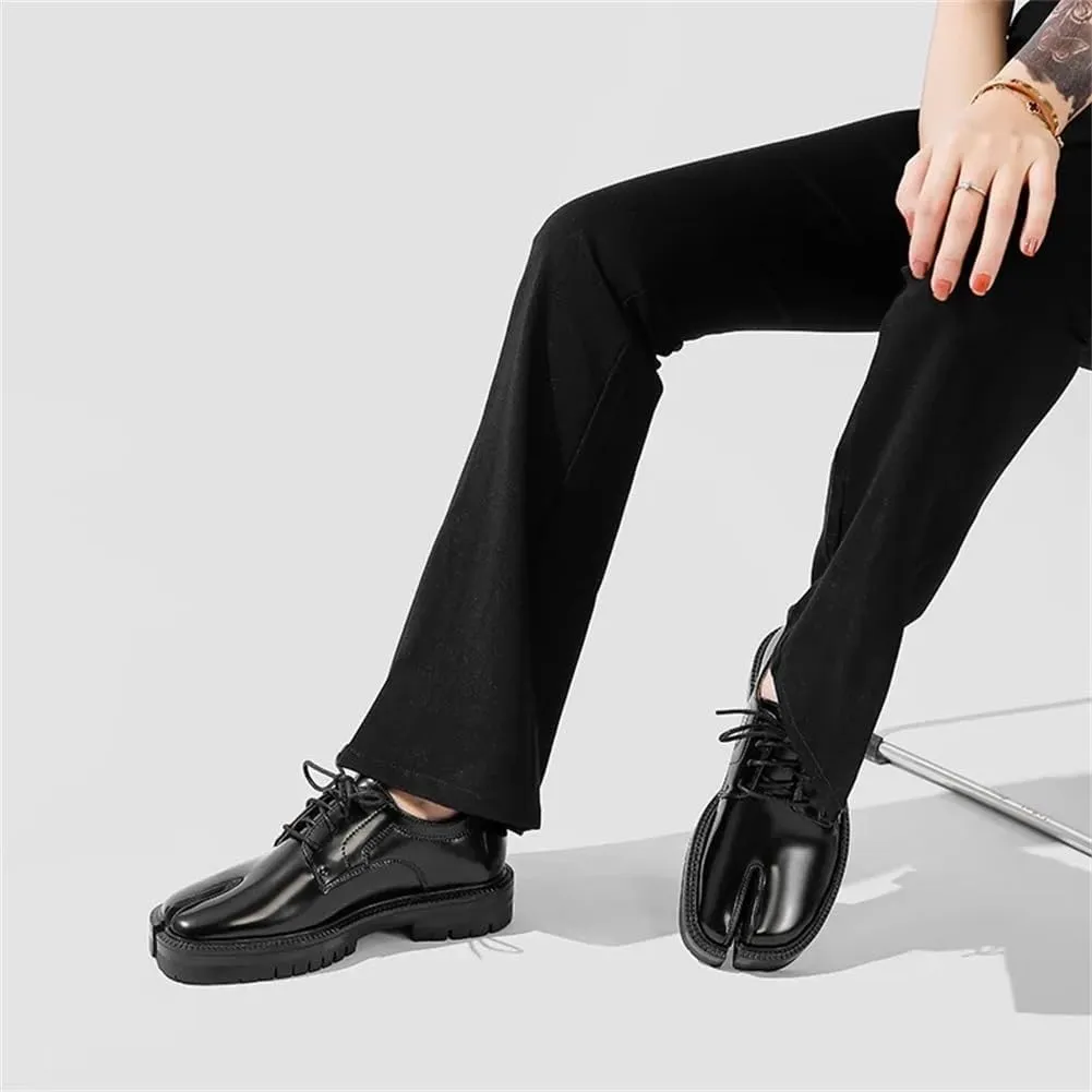 Kluolandi Split Toe Loafers for Women Tabi Shoes Platform Chunky Heel Loafers Lace Up Business Casual Black Leather Shoes