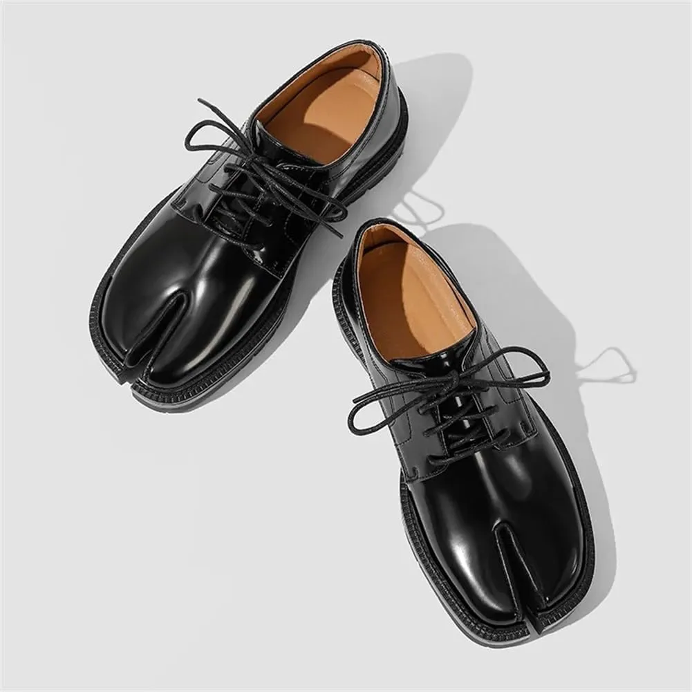 Kluolandi Split Toe Loafers for Women Tabi Shoes Platform Chunky Heel Loafers Lace Up Business Casual Black Leather Shoes