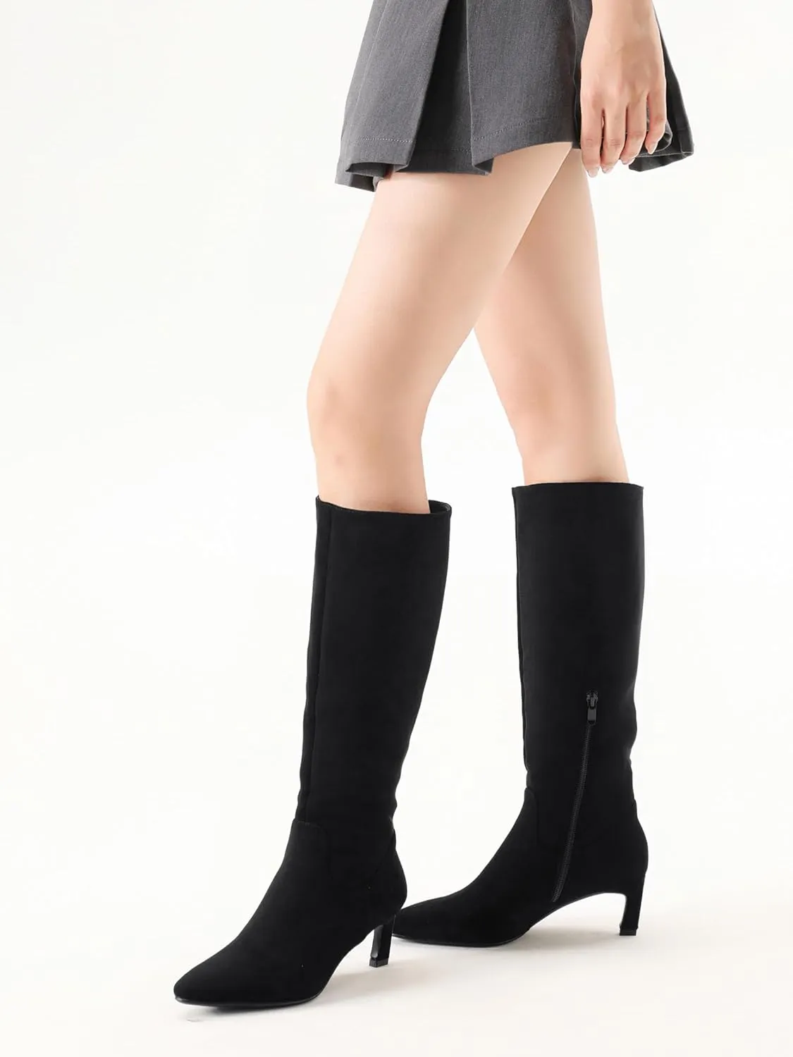 Knee High Boots for Women Kitten Heel Pointed Toe Low Mid Heel Long Tall Boots