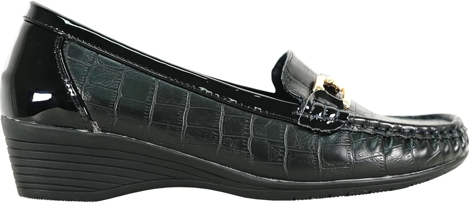 KOZI Women Comfort Casual Wedge Shoe Slip-On Loafer ML Collection Round Toe Penny Loafer Removable Insole Black Champagne