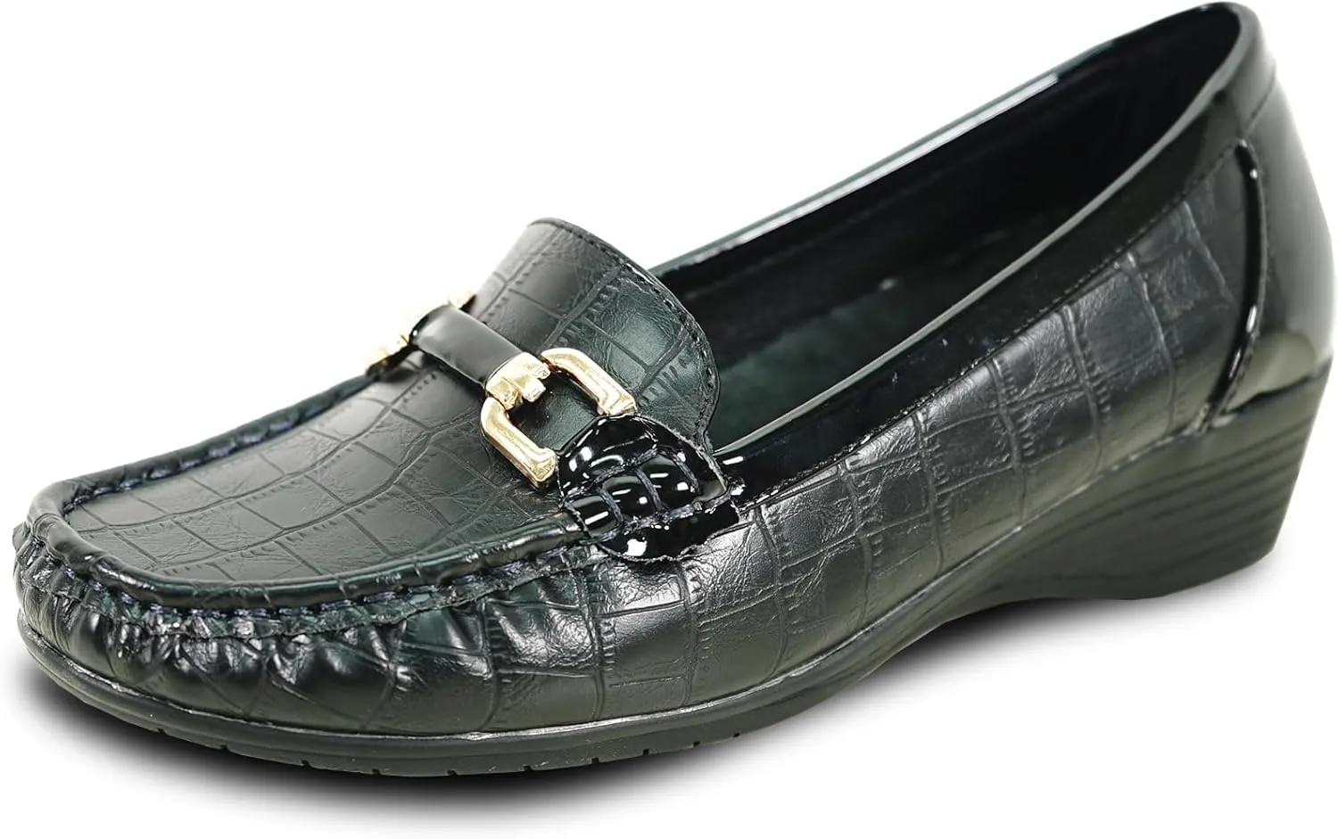 KOZI Women Comfort Casual Wedge Shoe Slip-On Loafer ML Collection Round Toe Penny Loafer Removable Insole Black Champagne