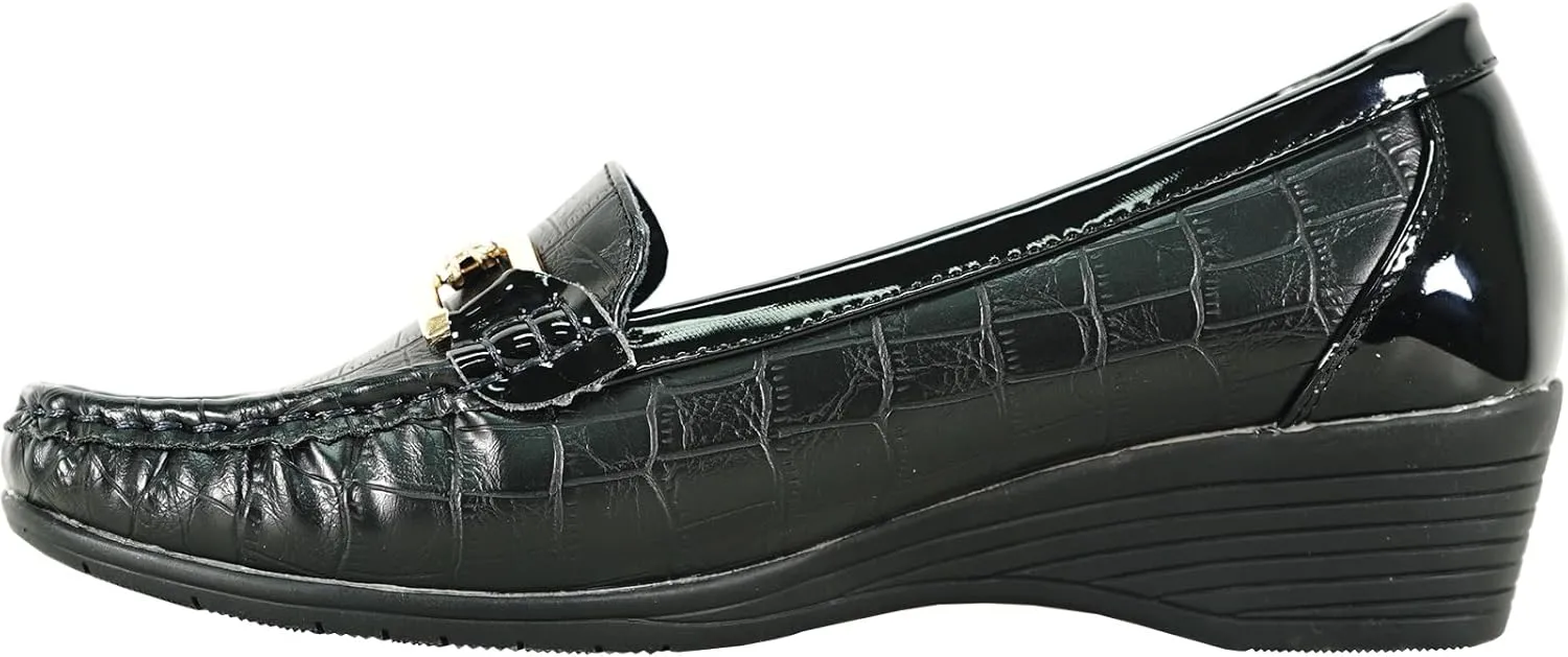 KOZI Women Comfort Casual Wedge Shoe Slip-On Loafer ML Collection Round Toe Penny Loafer Removable Insole Black Champagne