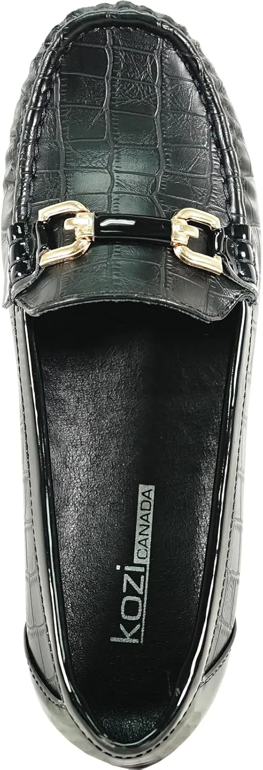 KOZI Women Comfort Casual Wedge Shoe Slip-On Loafer ML Collection Round Toe Penny Loafer Removable Insole Black Champagne