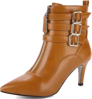 KysBloes Women Buckle Ankle Booties Kitten Heel Pointed Toe Low Heel Strappy Booties Side Zip Dress Jeans Shoes