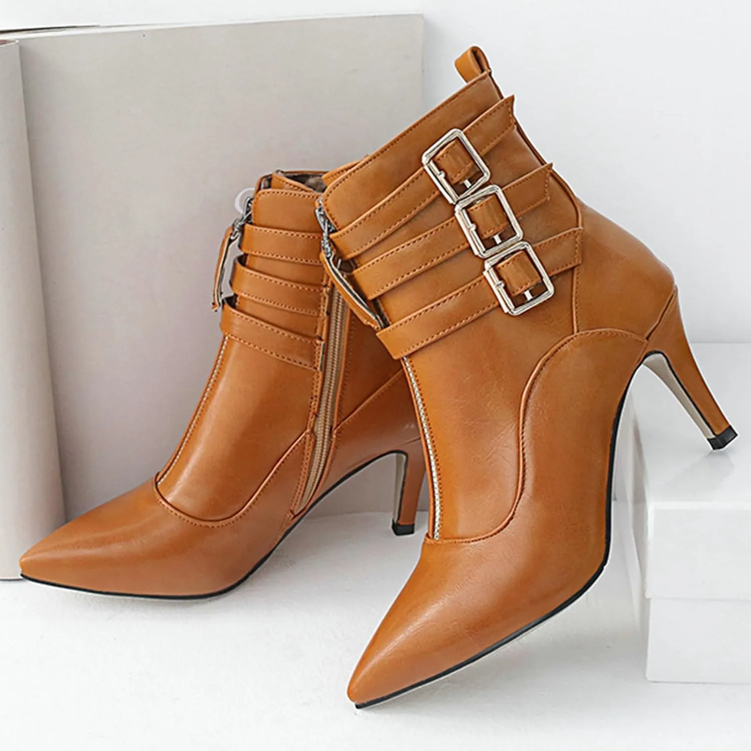 KysBloes Women Buckle Ankle Booties Kitten Heel Pointed Toe Low Heel Strappy Booties Side Zip Dress Jeans Shoes