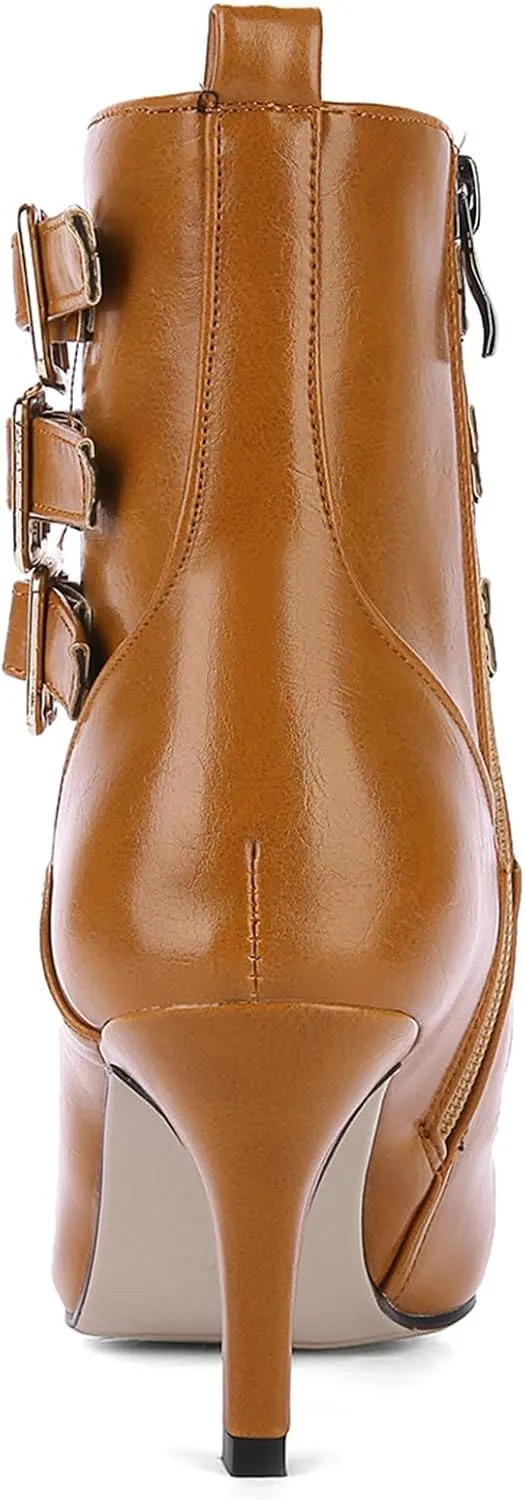 KysBloes Women Buckle Ankle Booties Kitten Heel Pointed Toe Low Heel Strappy Booties Side Zip Dress Jeans Shoes
