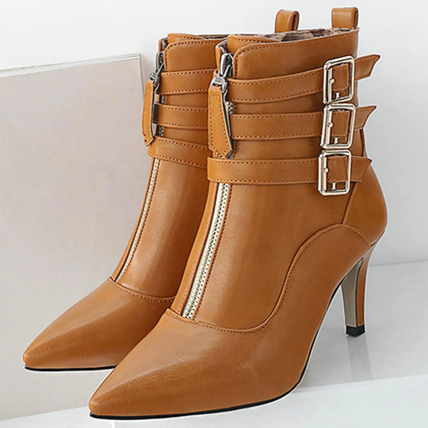KysBloes Women Buckle Ankle Booties Kitten Heel Pointed Toe Low Heel Strappy Booties Side Zip Dress Jeans Shoes