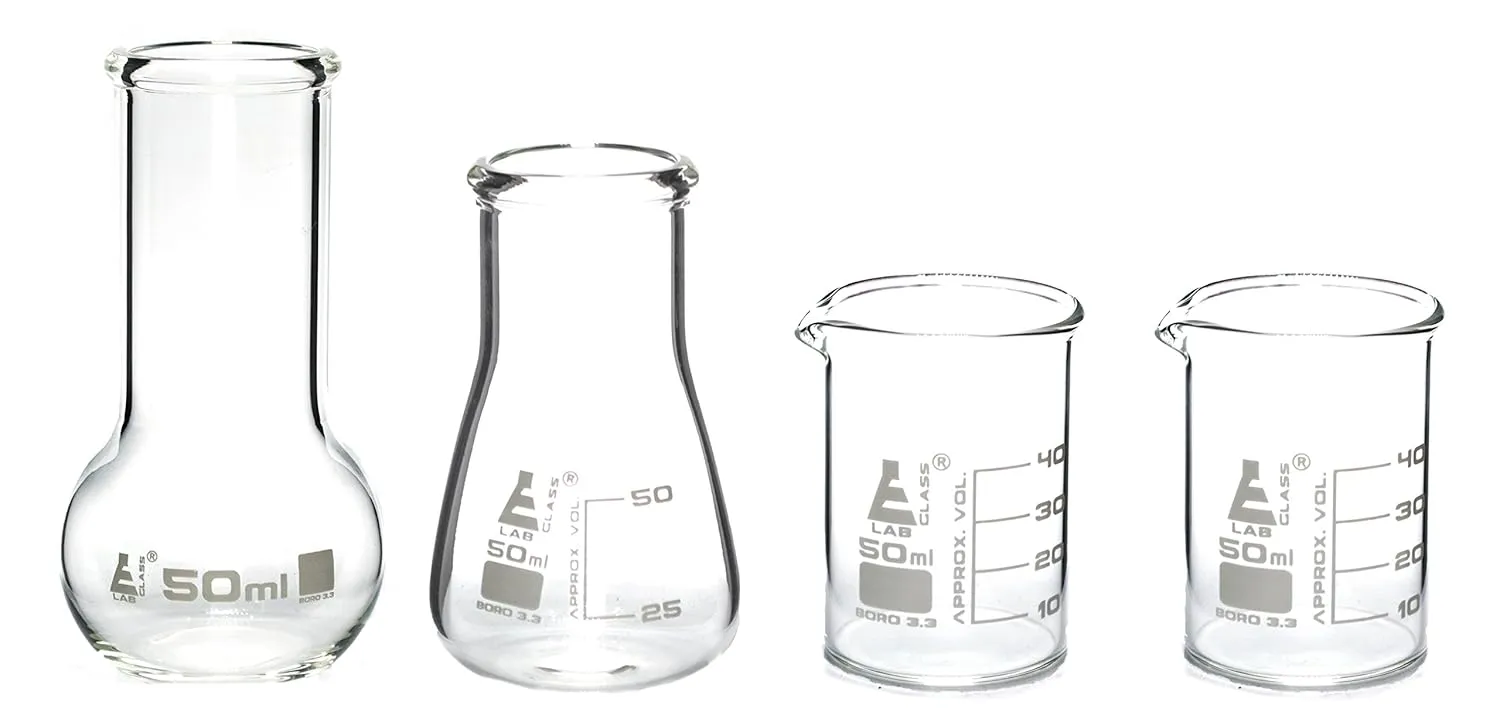 Laboratory Flask and Beaker Shot Glasses - Set of 4 Premium Borosilicate 3.3 Labware - at Home Series