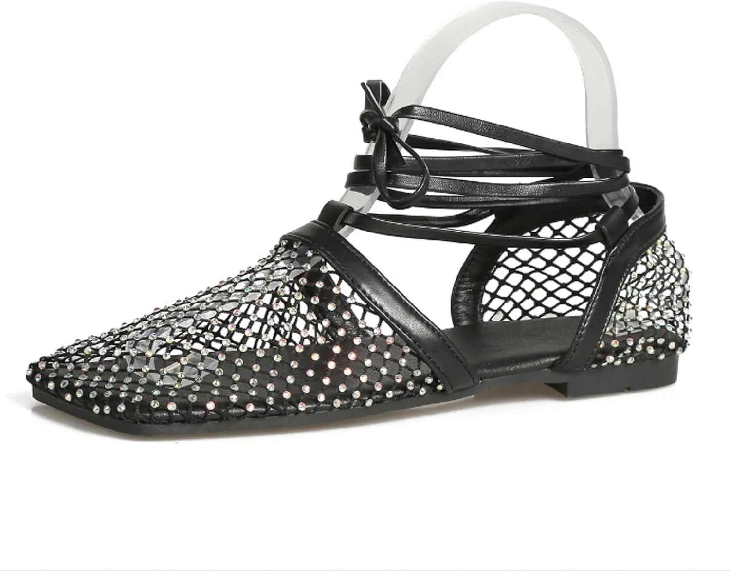 Ladies Hollow Fishing Net Breathable Rhinestone Decoration Flat Bottom Strappy Large Size Cute Sandals for Women Dressy