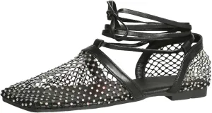 Ladies Hollow Fishing Net Breathable Rhinestone Decoration Flat Bottom Strappy Large Size Cute Sandals for Women Dressy