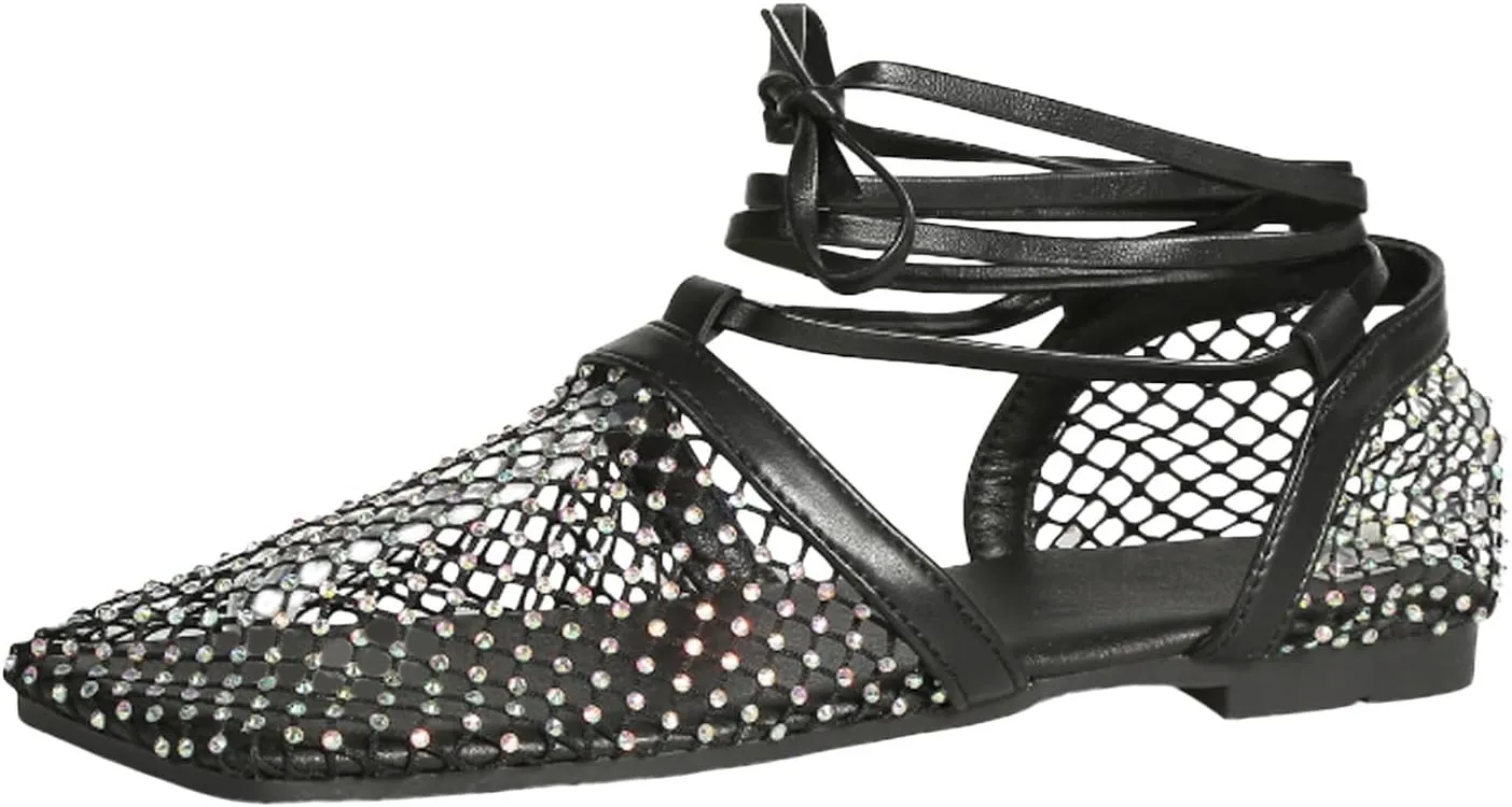 Ladies Hollow Fishing Net Breathable Rhinestone Decoration Flat Bottom Strappy Large Size Cute Sandals for Women Dressy
