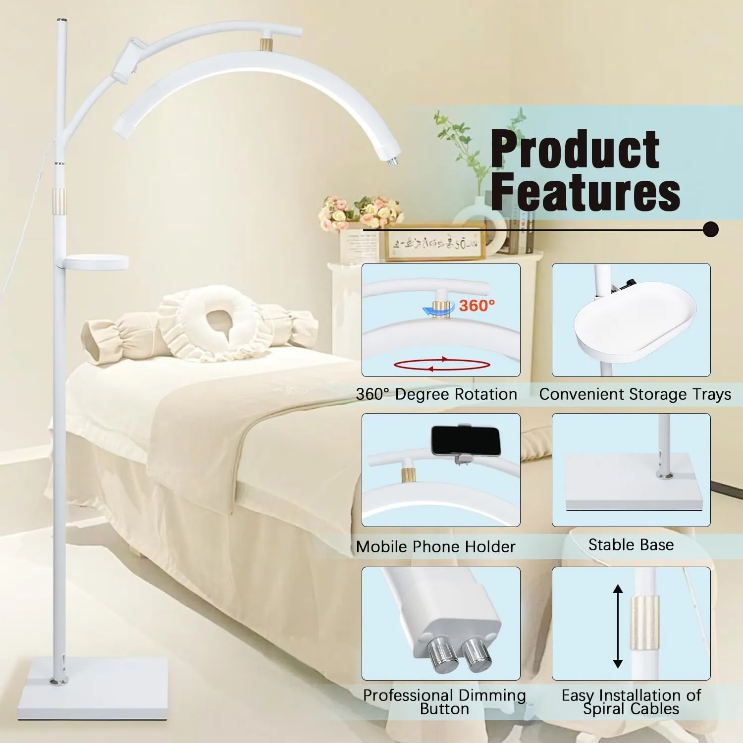 Lash Light Esthetician Lamp for Lash Extensions - LED Floor Lash Lamp Half Moon Ring Facial Light for Eyelash Tech with Pallets & Phone Holder Light for Tattoo Artists, Nail Tech X White