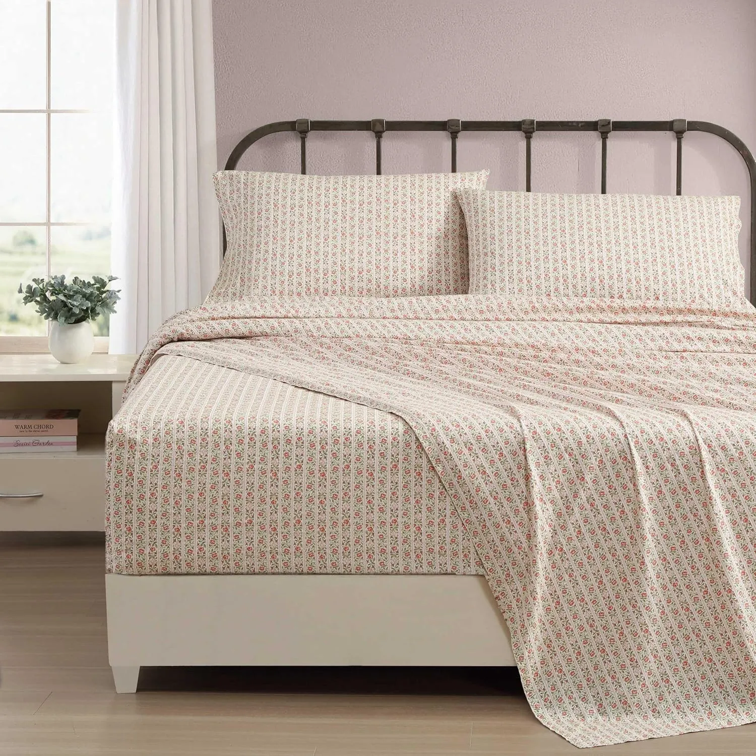 Laura Ashley - Twin Sheets, Cotton Percale Bedding Set, Lightweight & Breathable Home Decor, Oeko-Tex Certified (Marta Stripe Pink, Twin)