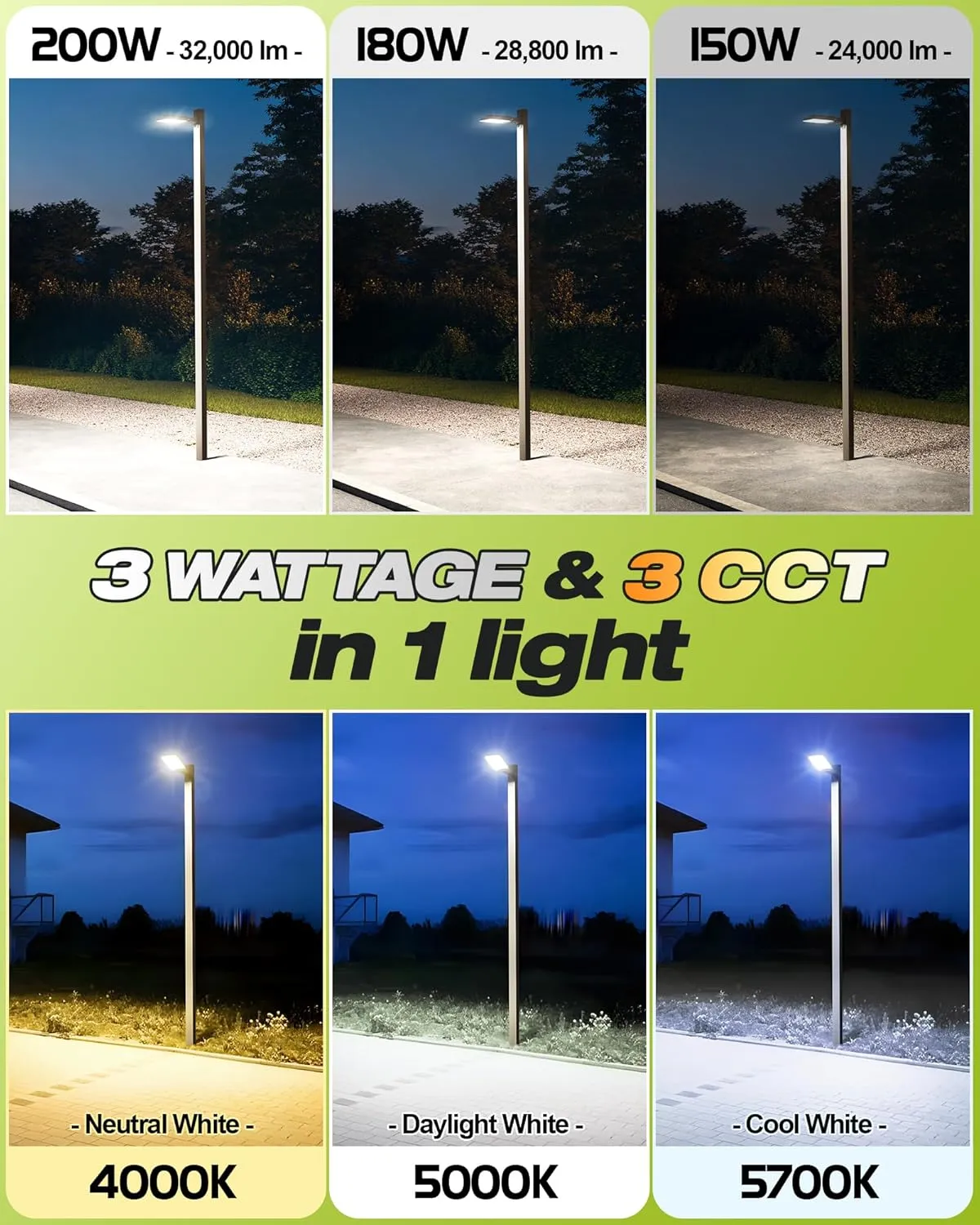 LED Parking Lot Light 200W 180W 150W & 3 CCT 4000K 5000K 5700K Switchable, Timer Dimming & Photocell Street Light, 32000LM (160LM/W) LED Shoebox Light, Arm Mount & Slip Fitter in 1 Flood Light