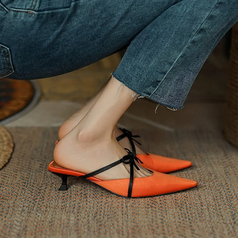 LEHOOR Women Pointed Closed Toe Mules Kitten Heel Cut Out Satin Sandals Bowknot Slip On 1.5 Inch Low Stiletto Heel Mule Sandals Backless Summer Elegant Wedding Party Dress Slippers Size 4-9 M US