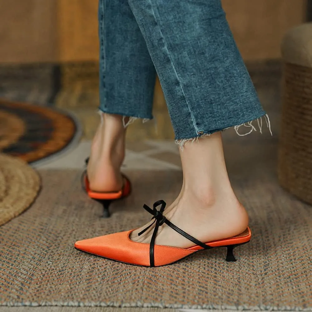 LEHOOR Women Pointed Closed Toe Mules Kitten Heel Cut Out Satin Sandals Bowknot Slip On 1.5 Inch Low Stiletto Heel Mule Sandals Backless Summer Elegant Wedding Party Dress Slippers Size 4-9 M US