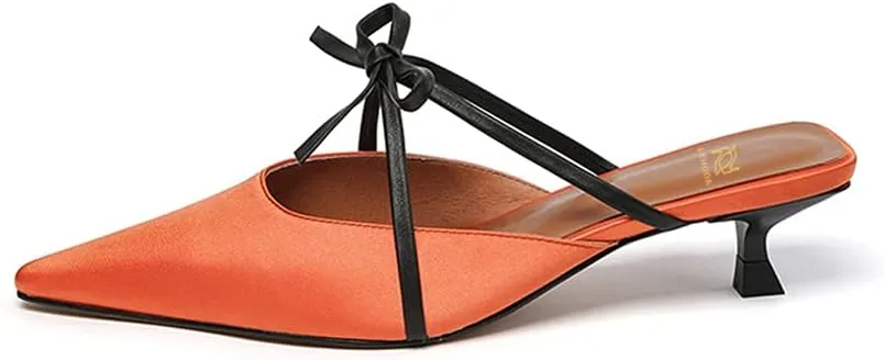 LEHOOR Women Pointed Closed Toe Mules Kitten Heel Cut Out Satin Sandals Bowknot Slip On 1.5 Inch Low Stiletto Heel Mule Sandals Backless Summer Elegant Wedding Party Dress Slippers Size 4-9 M US