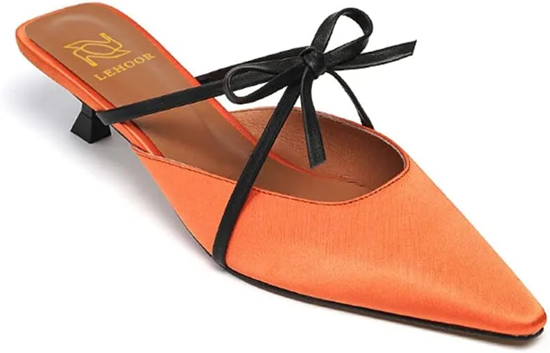 LEHOOR Women Pointed Closed Toe Mules Kitten Heel Cut Out Satin Sandals Bowknot Slip On 1.5 Inch Low Stiletto Heel Mule Sandals Backless Summer Elegant Wedding Party Dress Slippers Size 4-9 M US