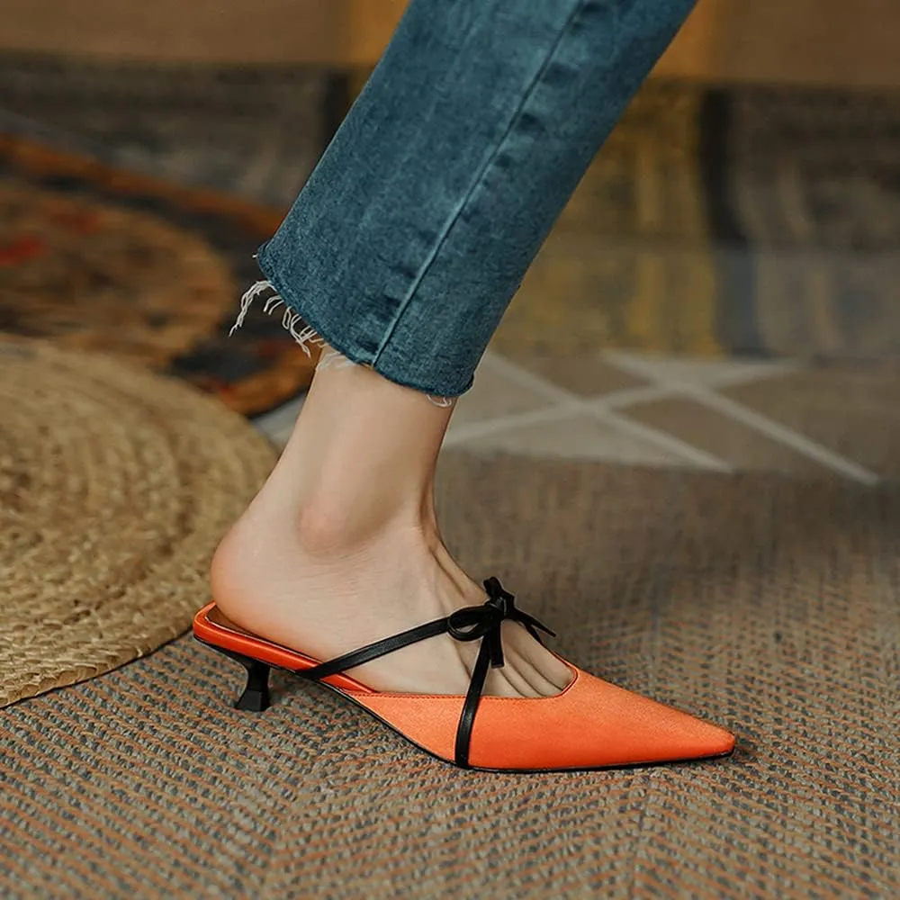 LEHOOR Women Pointed Closed Toe Mules Kitten Heel Cut Out Satin Sandals Bowknot Slip On 1.5 Inch Low Stiletto Heel Mule Sandals Backless Summer Elegant Wedding Party Dress Slippers Size 4-9 M US