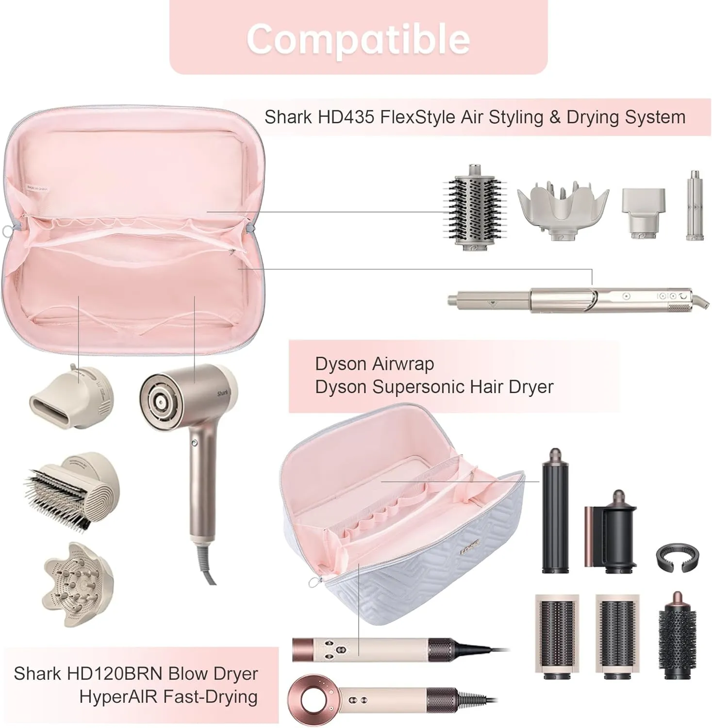 Leudes Hair Tools Travel Bag For Dy son Airwrap Hair Dryer Shark Flex Style Carrying Case Travel Makeup Bag Portable Pouch Open Flat Packing Organizers with Divider and Handle (Light Grey)