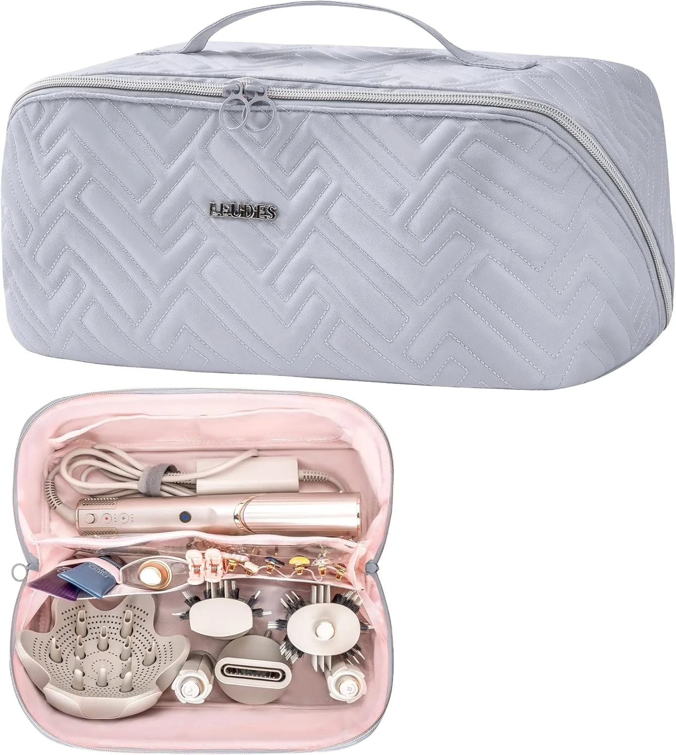 Leudes Hair Tools Travel Bag For Dy son Airwrap Hair Dryer Shark Flex Style Carrying Case Travel Makeup Bag Portable Pouch Open Flat Packing Organizers with Divider and Handle (Light Grey)