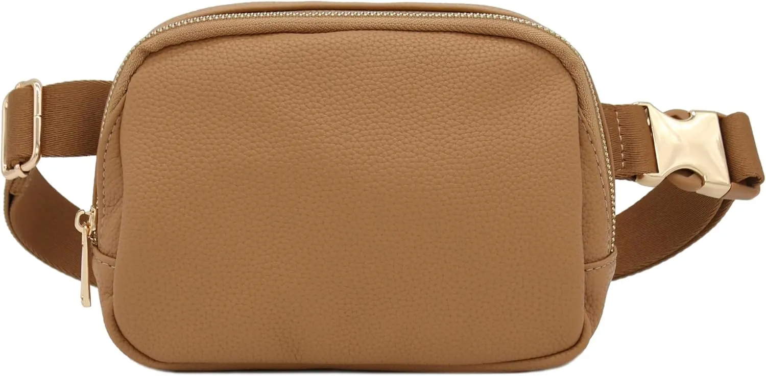 Lightweight Soft PU Pebbled Leather Everyday Sling Fanny Pack Belt Bag with Gold Metal Buckle (Light Tan)