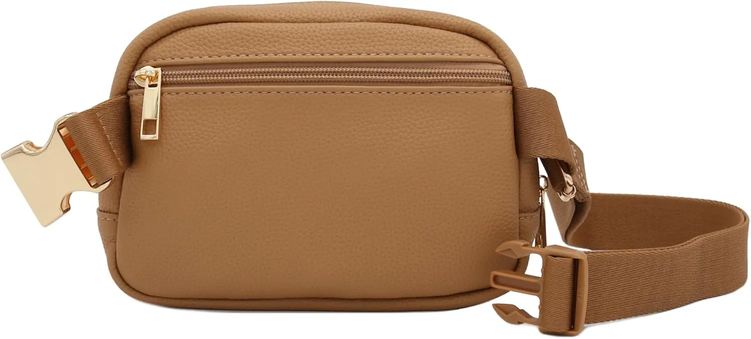 Lightweight Soft PU Pebbled Leather Everyday Sling Fanny Pack Belt Bag with Gold Metal Buckle (Light Tan)