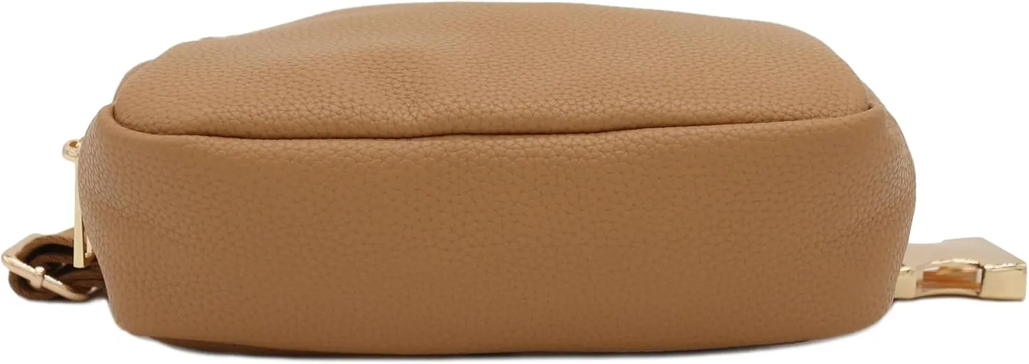 Lightweight Soft PU Pebbled Leather Everyday Sling Fanny Pack Belt Bag with Gold Metal Buckle (Light Tan)