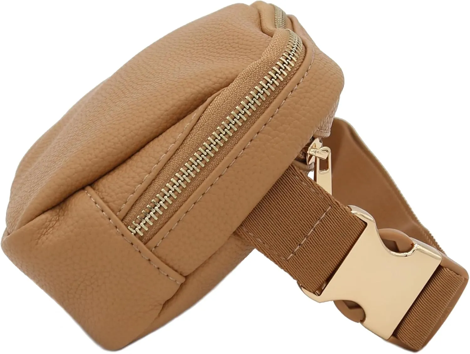 Lightweight Soft PU Pebbled Leather Everyday Sling Fanny Pack Belt Bag with Gold Metal Buckle (Light Tan)