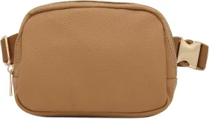 Lightweight Soft PU Pebbled Leather Everyday Sling Fanny Pack Belt Bag with Gold Metal Buckle (Light Tan)