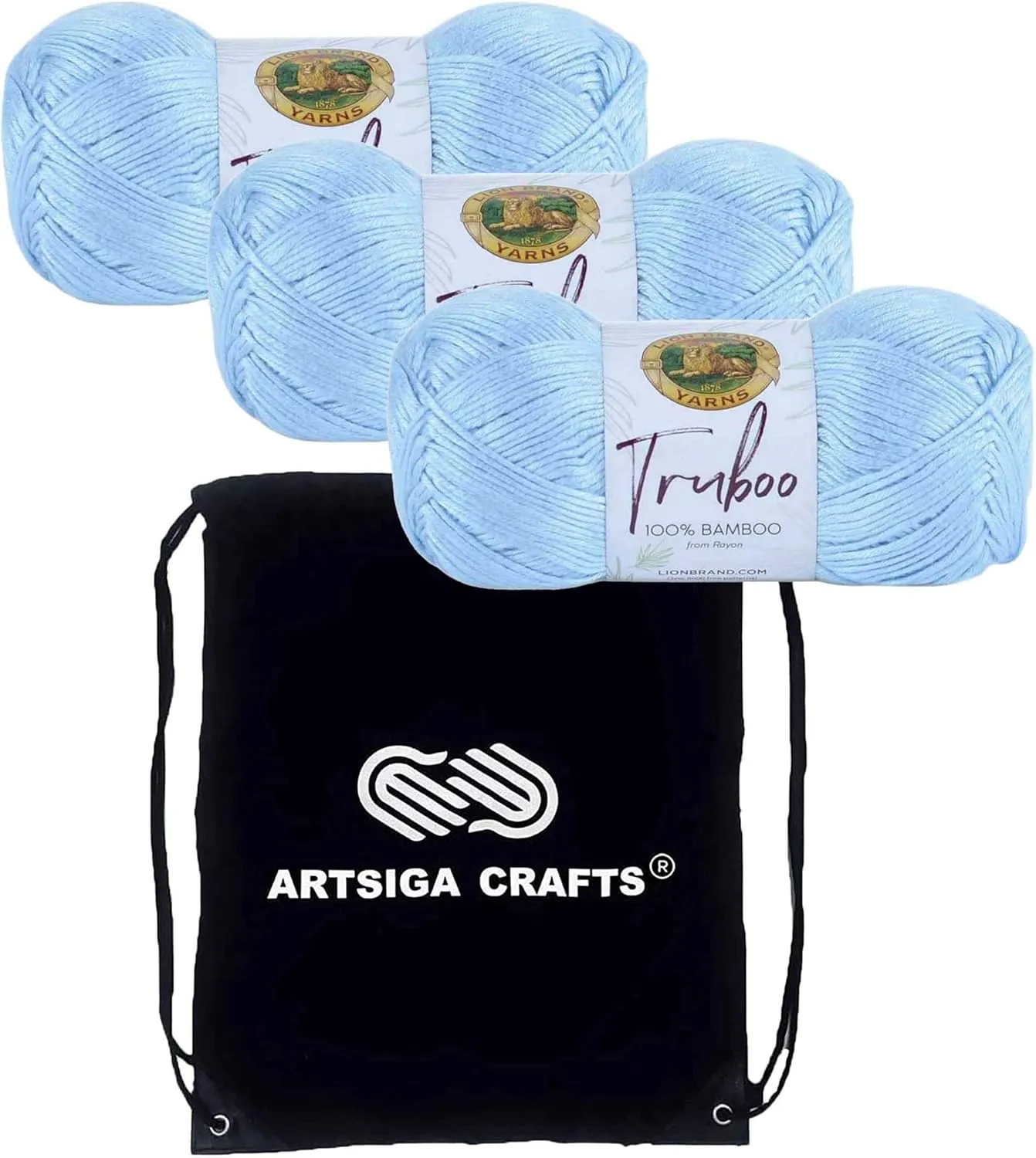 Lion Brand Truboo Light Blue 837-105 (3-Skeins - Same Dye Lot) DK Light Worsted #3 Rayon Yarn for Crocheting and Knitting with Project Bag
