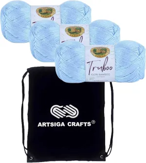 Lion Brand Truboo Light Blue 837-105 (3-Skeins - Same Dye Lot) DK Light Worsted #3 Rayon Yarn for Crocheting and Knitting with Project Bag