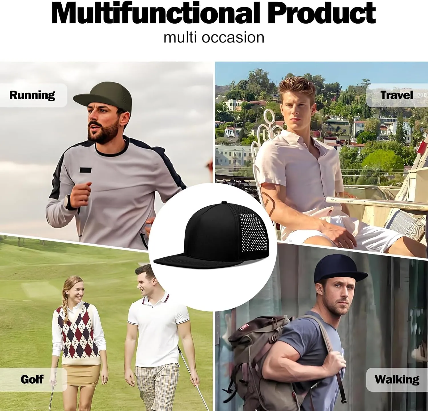 LiuSuper Mens Snapback Hats Flat Brim 5 Panel Hats for Men Performance Quick Dry Laser Perforated Deep Baseball Cap(L/XXL)