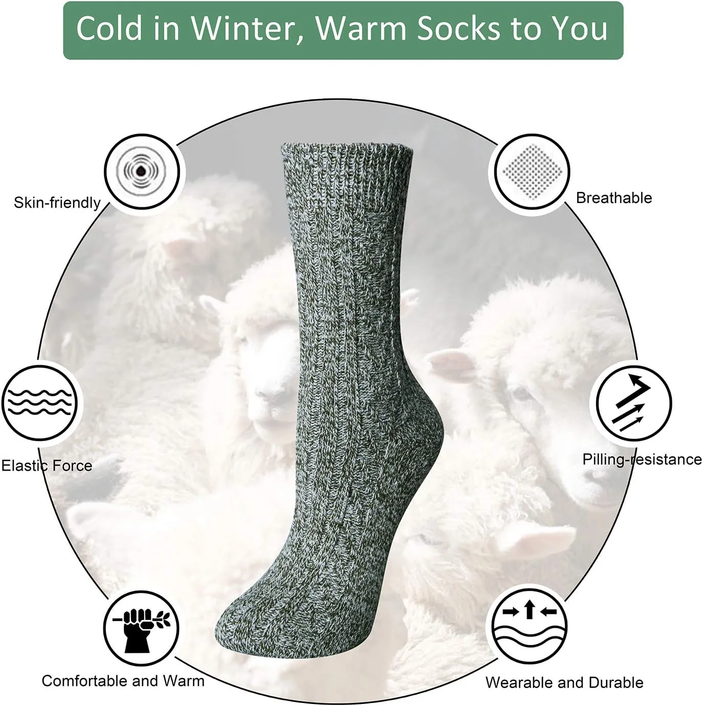 Loritta Pack of 5 Womens Wool Socks Winter Warm Thick Knit Soft Vintage Casual Crew Boot Socks Gifts