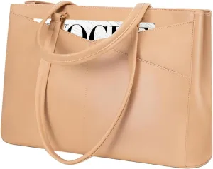 LOVEVOOK Laptop Bag for Women 15.6 Inch Tote Bags Waterproof Leather Briefcase Computer Women Business Office Work Bag,Light Khaki
