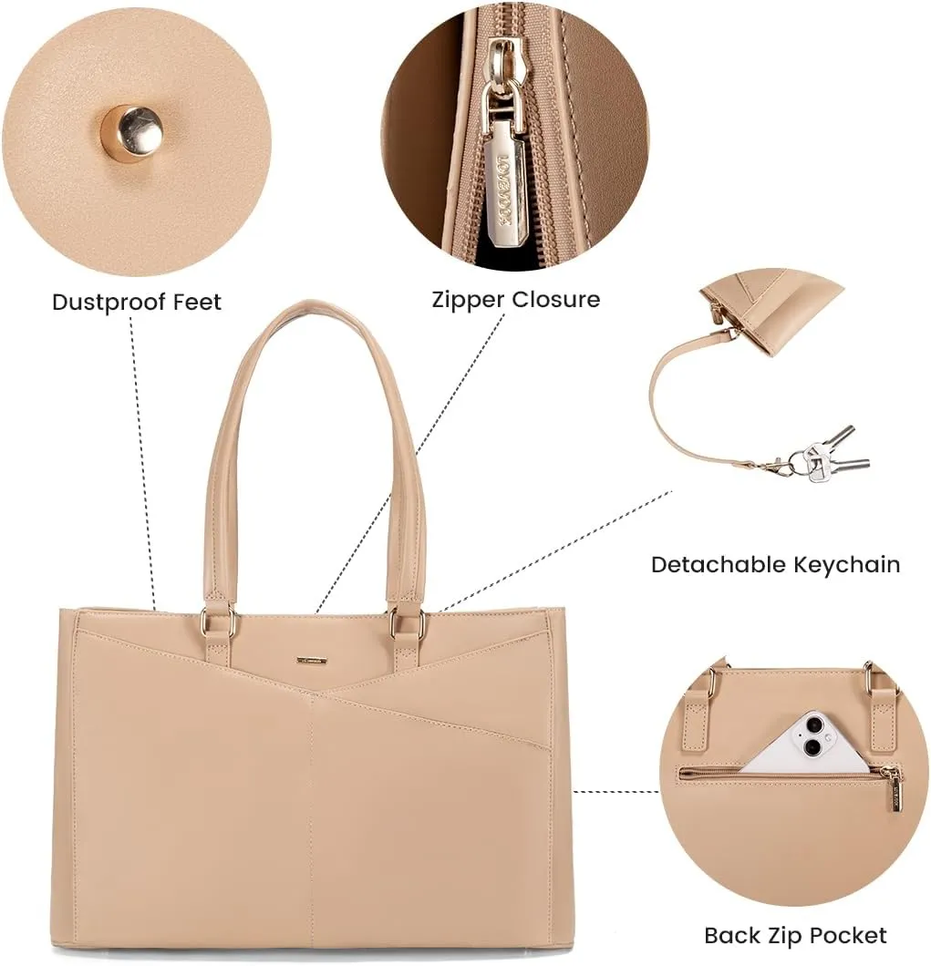 LOVEVOOK Laptop Bag for Women 15.6 Inch Tote Bags Waterproof Leather Briefcase Computer Women Business Office Work Bag,Light Khaki