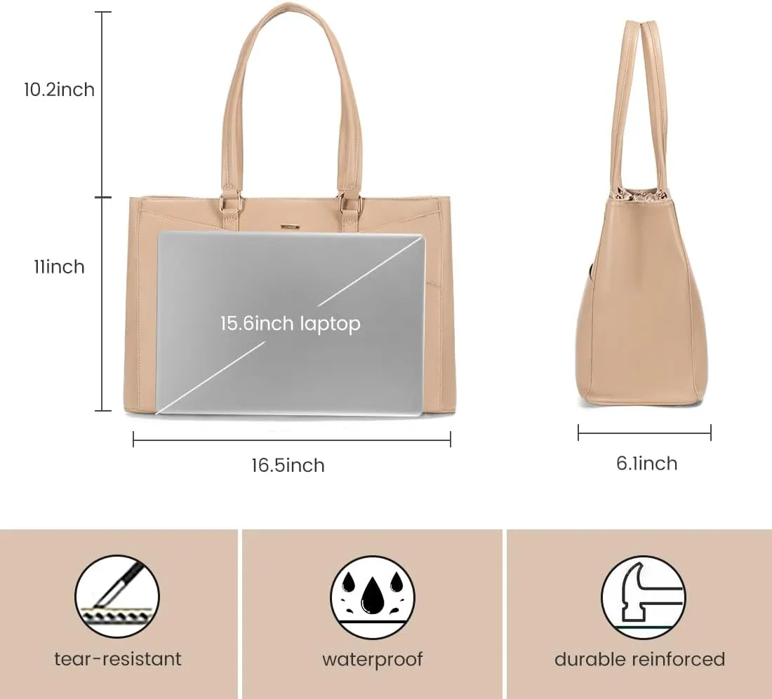 LOVEVOOK Laptop Bag for Women 15.6 Inch Tote Bags Waterproof Leather Briefcase Computer Women Business Office Work Bag,Light Khaki