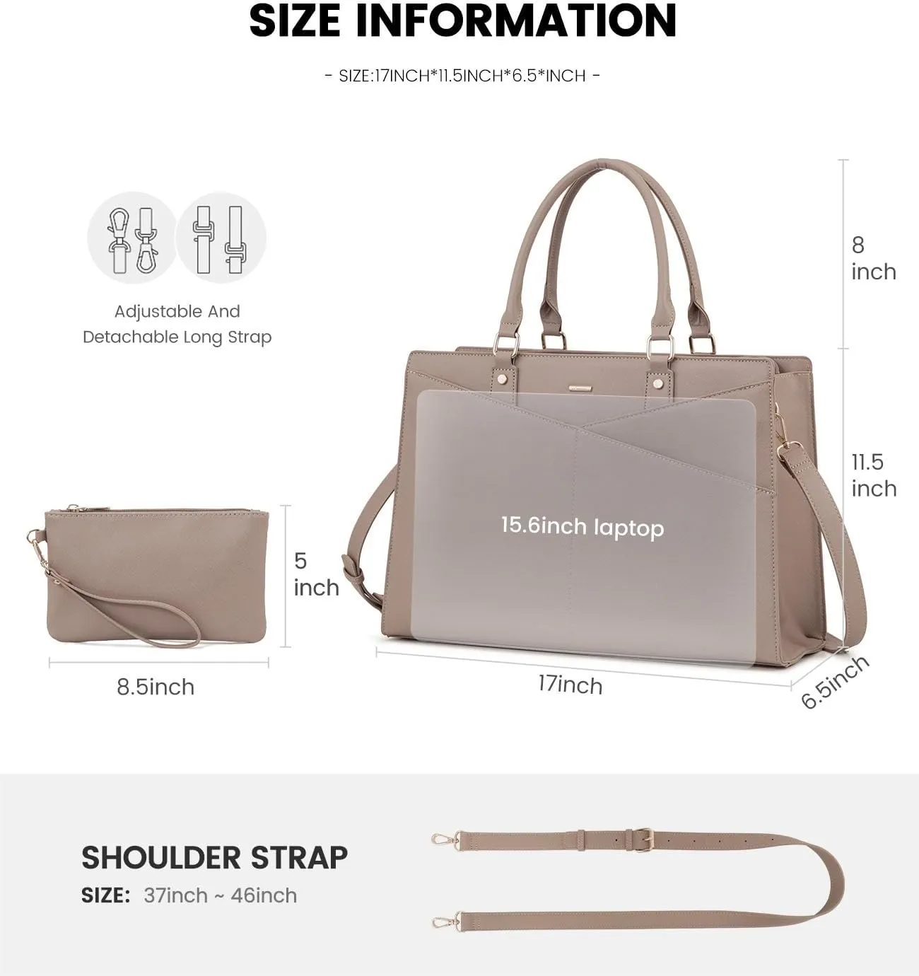 LOVEVOOK Laptop Tote Bag for Women, Leather Business Office Work Bag Computer Briefcase with Small Clutch fit for 15.6 Inch Laptop,Light Khaki