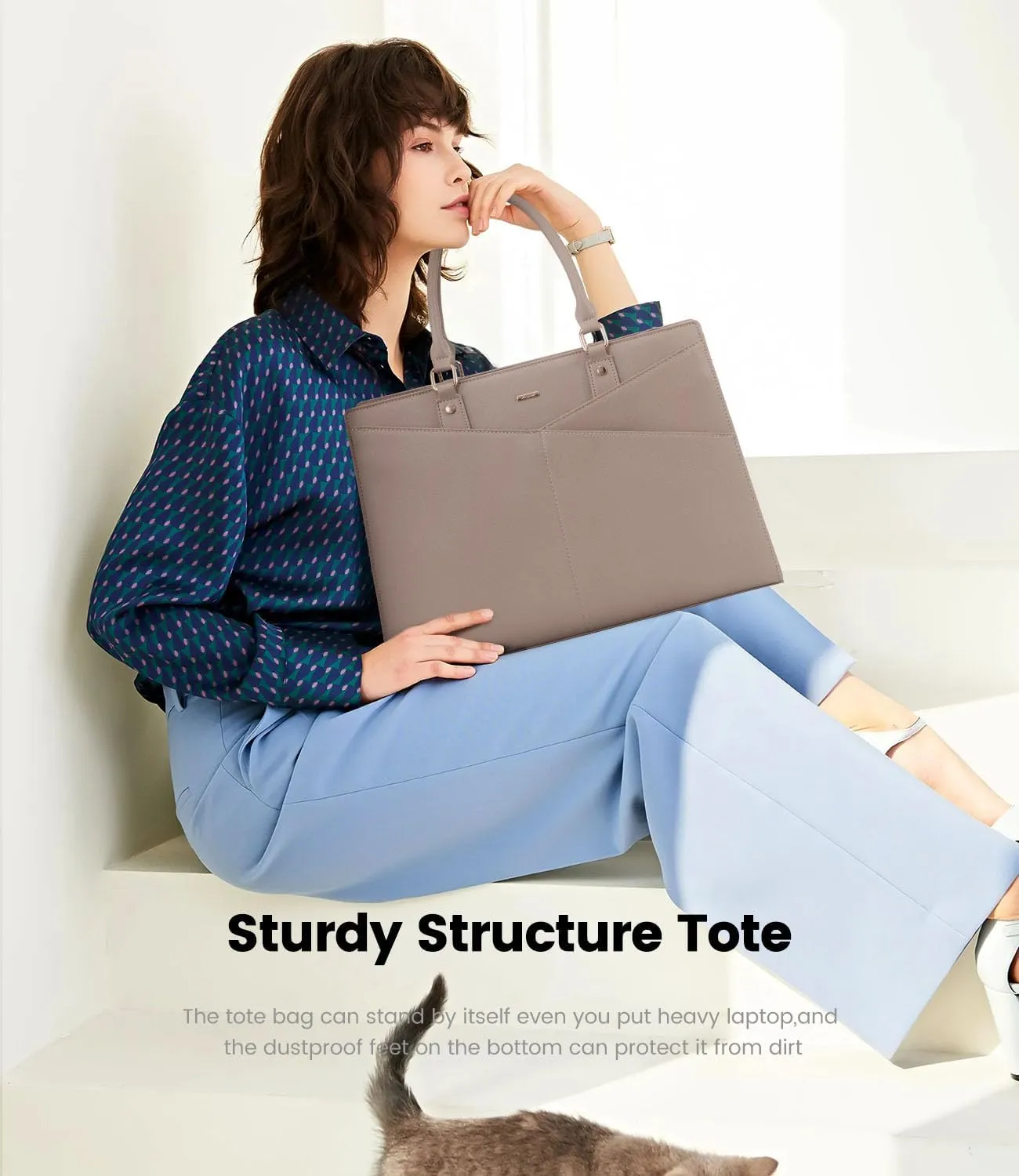 LOVEVOOK Laptop Tote Bag for Women, Leather Business Office Work Bag Computer Briefcase with Small Clutch fit for 15.6 Inch Laptop,Light Khaki