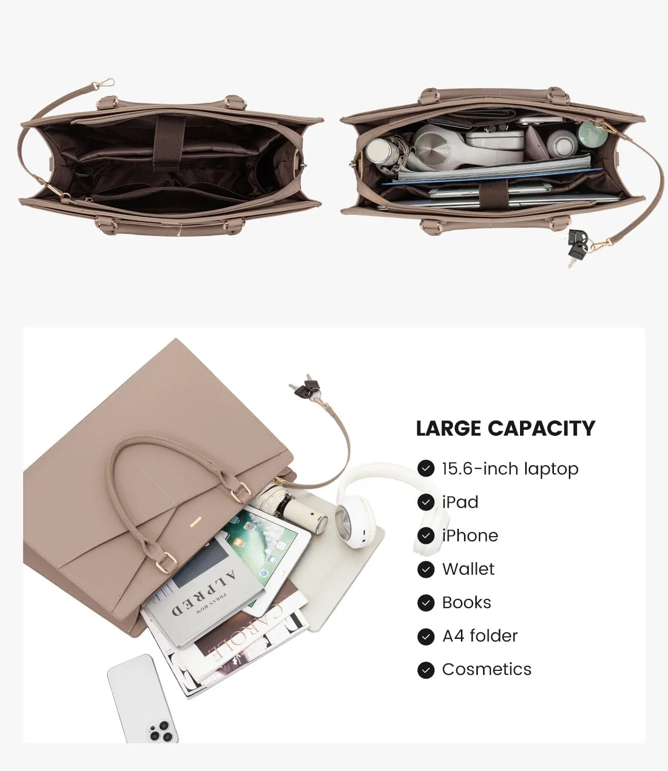 LOVEVOOK Laptop Tote Bag for Women, Leather Business Office Work Bag Computer Briefcase with Small Clutch fit for 15.6 Inch Laptop,Light Khaki