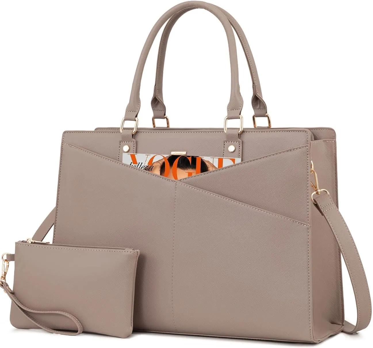 LOVEVOOK Laptop Tote Bag for Women, Leather Business Office Work Bag Computer Briefcase with Small Clutch fit for 15.6 Inch Laptop,Light Khaki