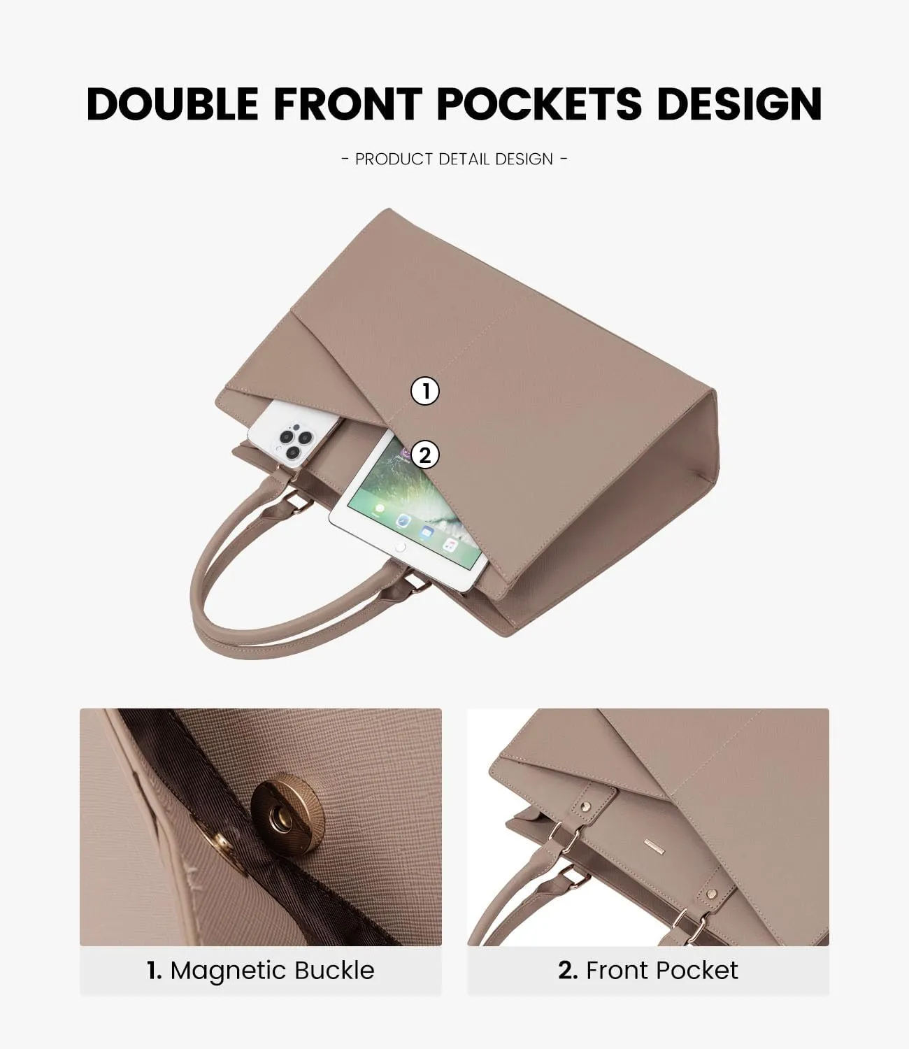 LOVEVOOK Laptop Tote Bag for Women, Leather Business Office Work Bag Computer Briefcase with Small Clutch fit for 15.6 Inch Laptop,Light Khaki