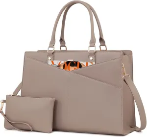 LOVEVOOK Laptop Tote Bag for Women, Leather Business Office Work Bag Computer Briefcase with Small Clutch fit for 15.6 Inch Laptop,Light Khaki