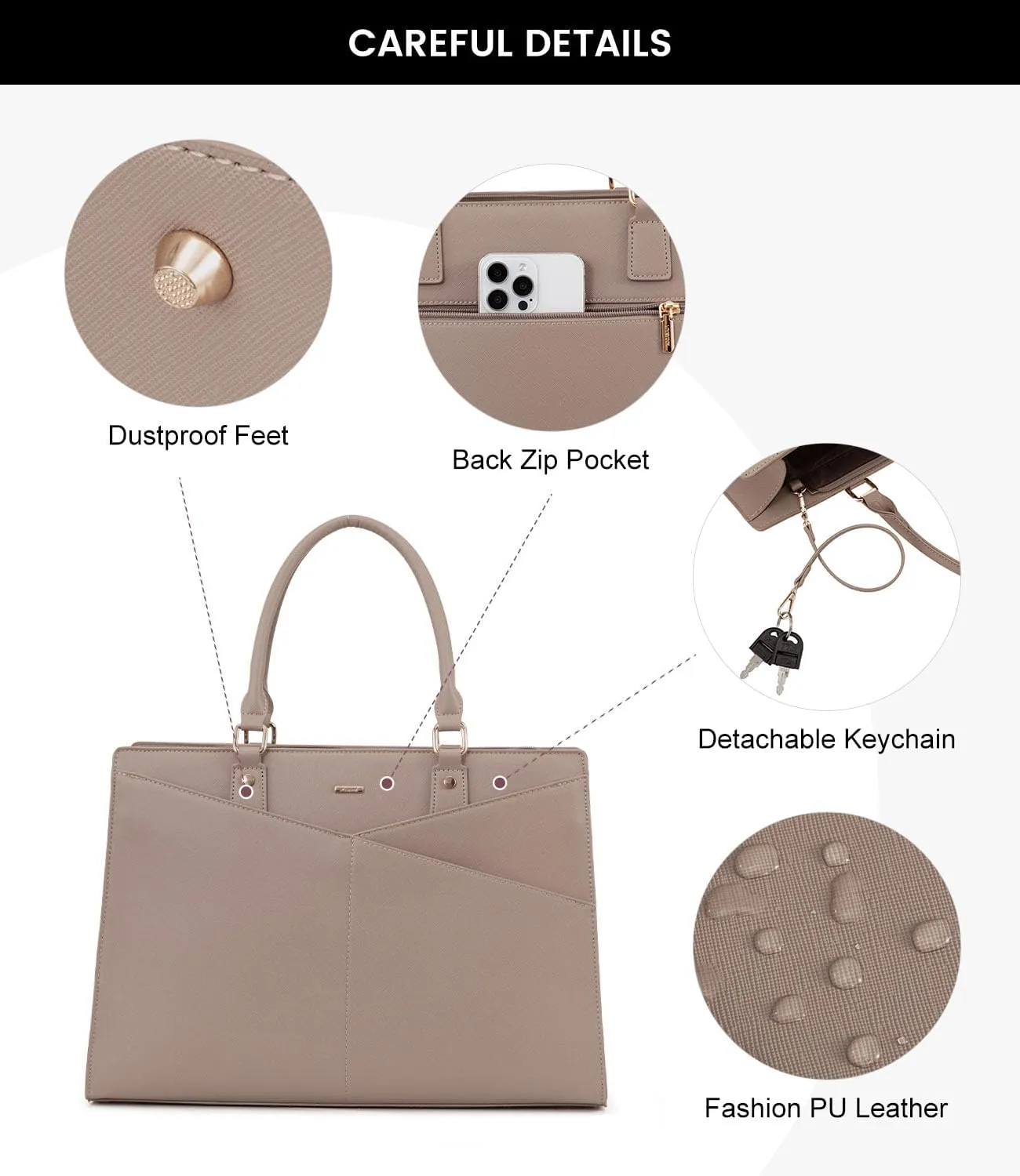 LOVEVOOK Laptop Tote Bag for Women, Leather Business Office Work Bag Computer Briefcase with Small Clutch fit for 15.6 Inch Laptop,Light Khaki