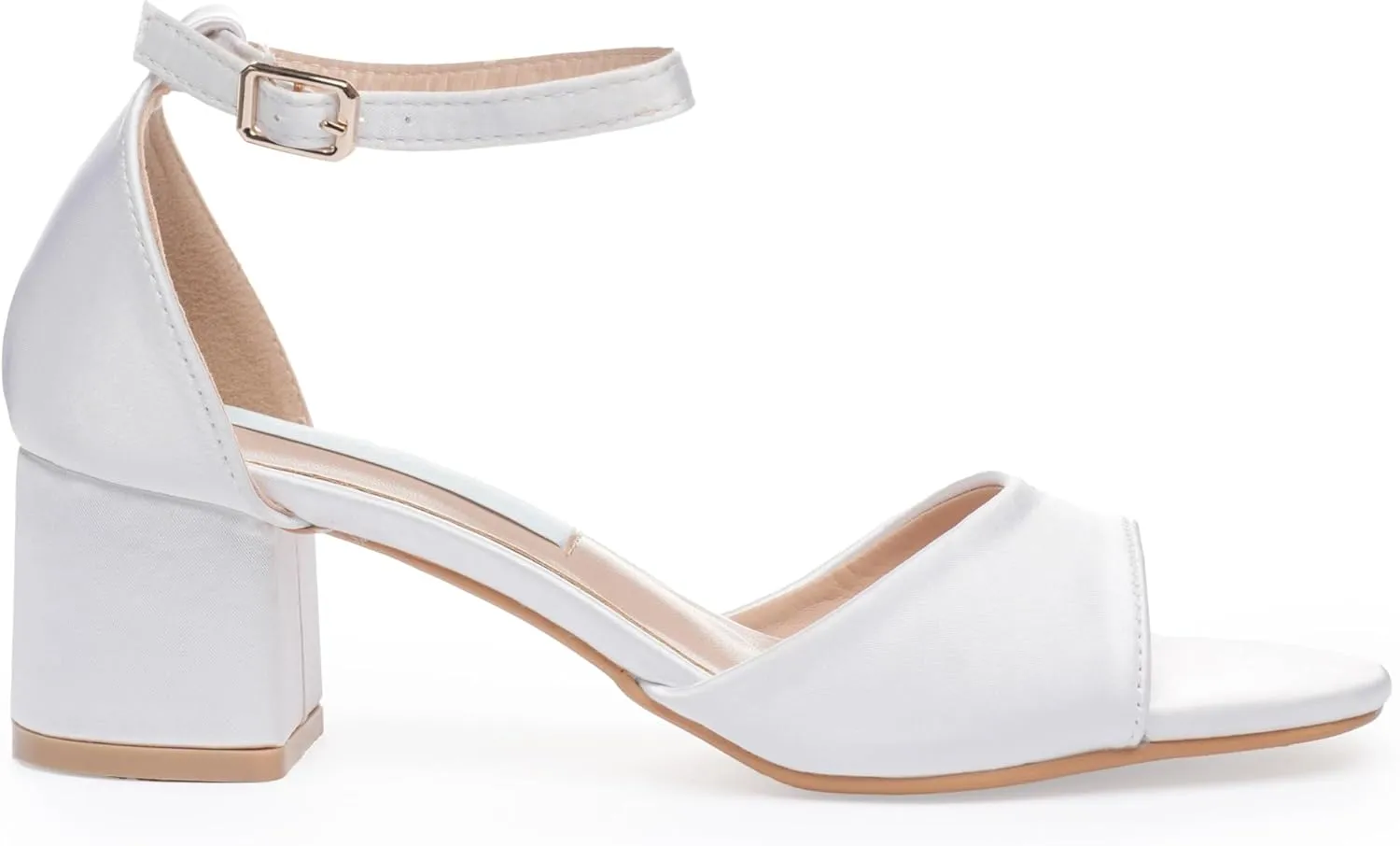 Low Heel Wedding Sandals for Women – Satin Block Heel Bridal Shoes – 2-Inch Comfortable Ankle Strap Heels – White & Ivory Dress Sandals for Bride – Elegant Wedding Footwear