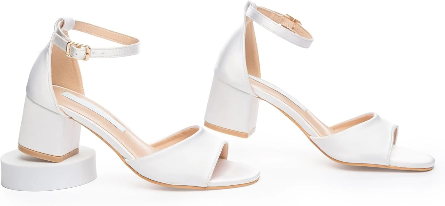 Low Heel Wedding Sandals for Women – Satin Block Heel Bridal Shoes – 2-Inch Comfortable Ankle Strap Heels – White & Ivory Dress Sandals for Bride – Elegant Wedding Footwear