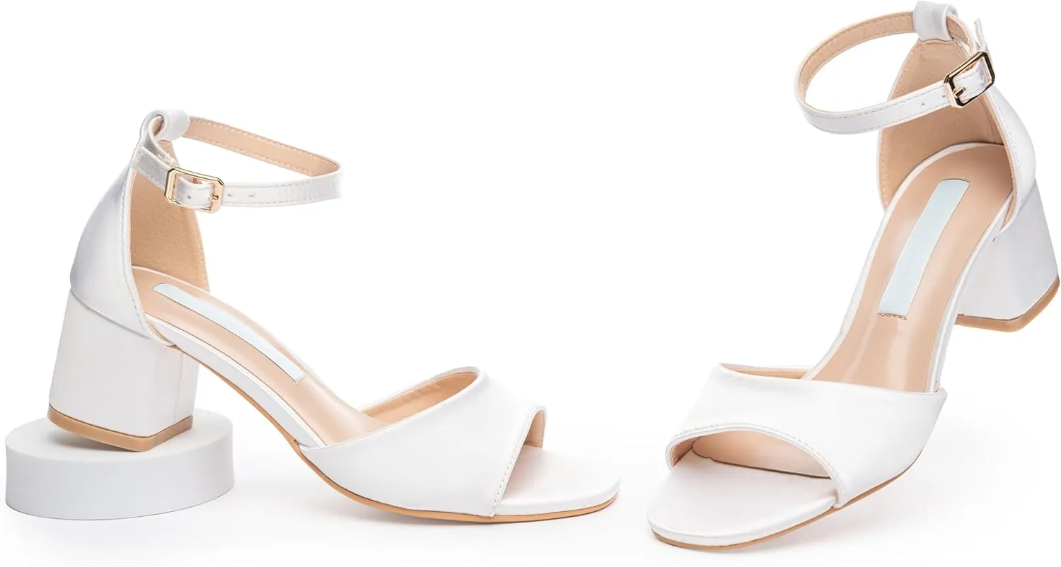 Low Heel Wedding Sandals for Women – Satin Block Heel Bridal Shoes – 2-Inch Comfortable Ankle Strap Heels – White & Ivory Dress Sandals for Bride – Elegant Wedding Footwear