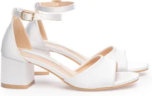 Low Heel Wedding Sandals for Women – Satin Block Heel Bridal Shoes – 2-Inch Comfortable Ankle Strap Heels – White & Ivory Dress Sandals for Bride – Elegant Wedding Footwear