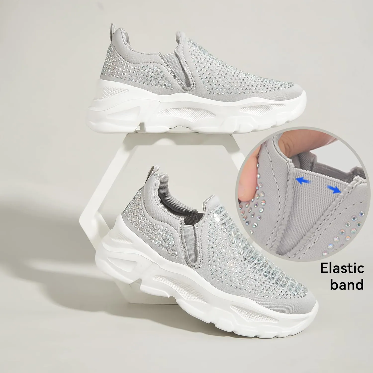 LUCKY STEP Women Slip On Rhinestone Sneaker Chunky Fashion Platform Sparkly Elastic Walking Shoes