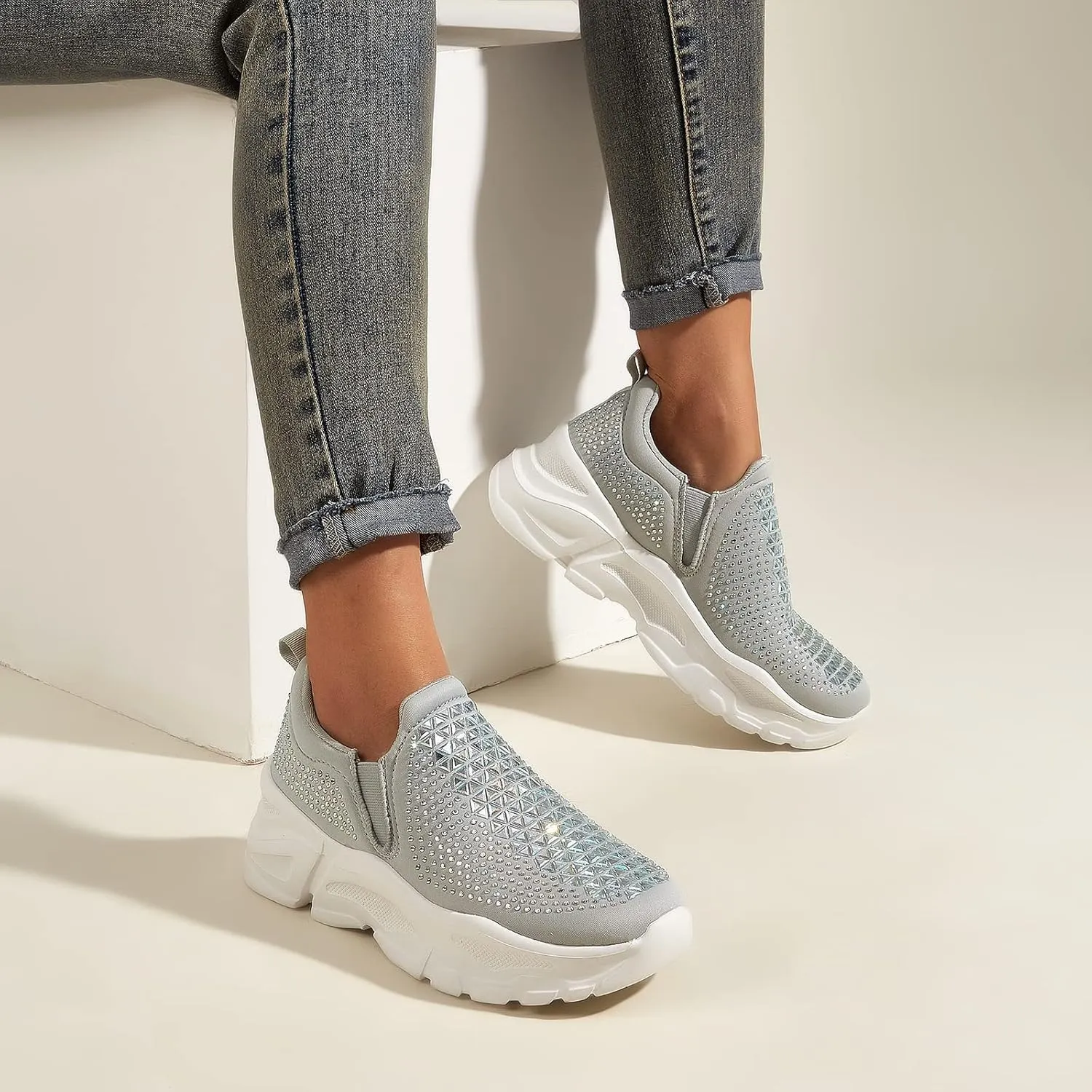 LUCKY STEP Women Slip On Rhinestone Sneaker Chunky Fashion Platform Sparkly Elastic Walking Shoes